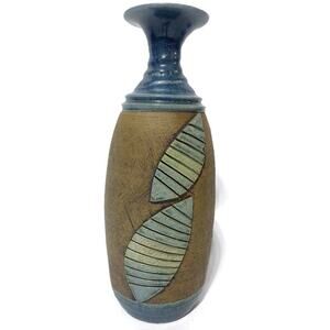 Berg Handmade Vase Art Pottery Brown and Blue 13.25 Inches Tall
